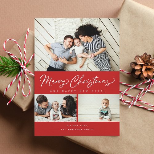 Merry Christmas Red Script 3 Collage Multi_Photo Holiday Card
