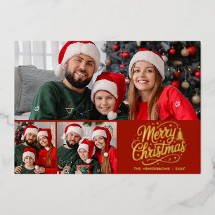 Merry Christmas Red Script 3 Family Photo Foil Holiday Card