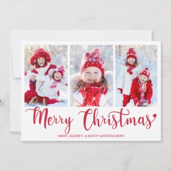 Merry Christmas Red Script 3 Family Photo Holiday by ilovedigis at Zazzle