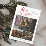 Merry Christmas Red Script 3 Photo Collage Holiday Card<br><div class="desc">Merry Christmas Red Script 3 Photo Collage with elegant handwritten typography and 3 photos on the front. The back has a single photo. Click the edit button to customize this design.</div>