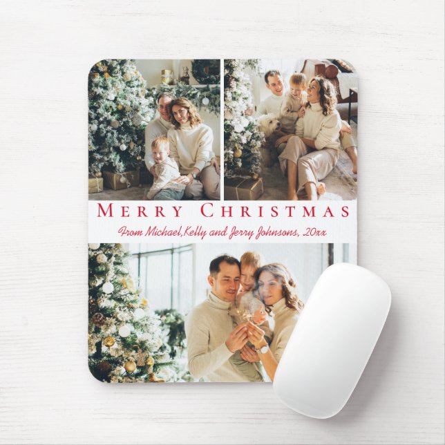 merry christmas red script 3 photos collage chic mouse pad (With Mouse)