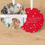 merry christmas red script 3 photos collage chic ornament card<br><div class="desc">background photos by freepik.com
elegant stylish merry christmas red script three photos collage Ornament Card</div>