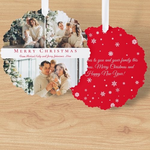 merry christmas red script 3 photos collage chic ornament card
