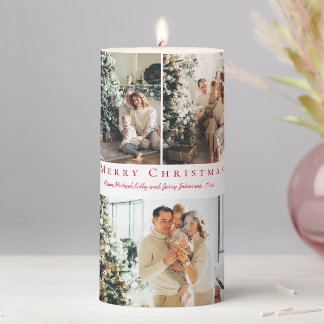 merry christmas red script 3 photos collage chic pillar candle (In Situ)