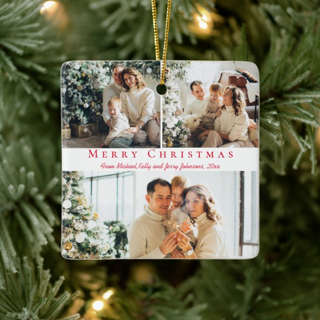 merry christmas red script 3 photos collage family ceramic ornament (Tree)