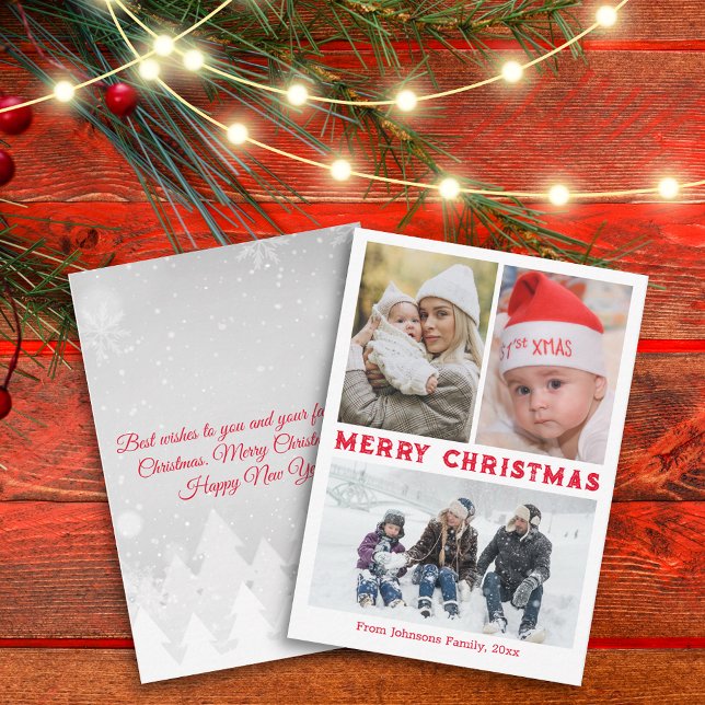 merry christmas red script 3 photos collage  note card (Creator Uploaded)