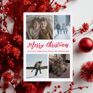 Merry Christmas Red Script 4 Photos Grid Holiday Letterpress Photo Cards