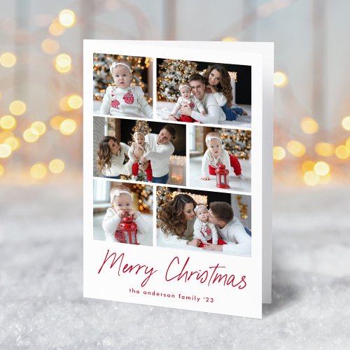 Merry Christmas Red Script 6 Photo Collage Holiday Card