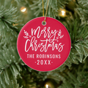 Merry Christmas Red Script Custom Family Photo Ceramic Ornament