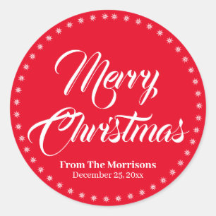 Merry Christmas red script custom name favors Classic Round Sticker