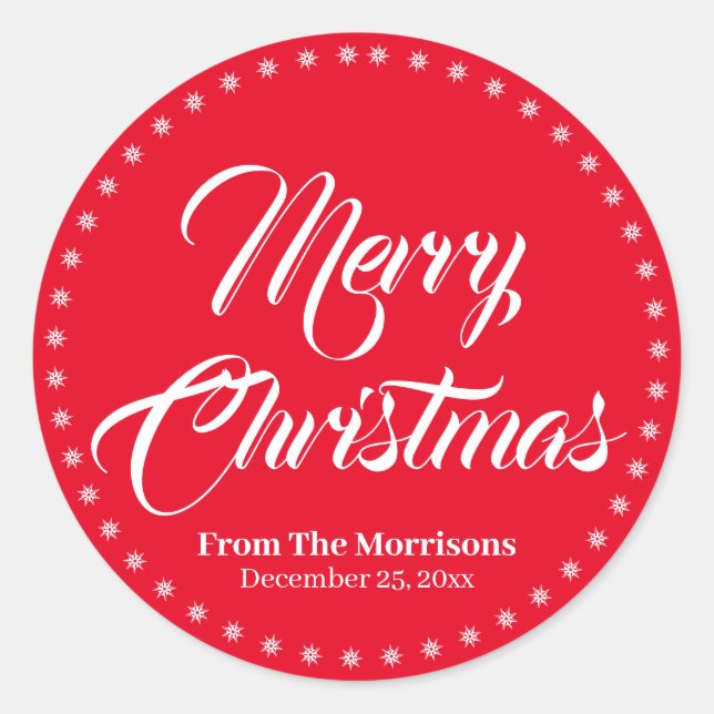 Merry Christmas red script custom name favors Classic Round Sticker (Front)