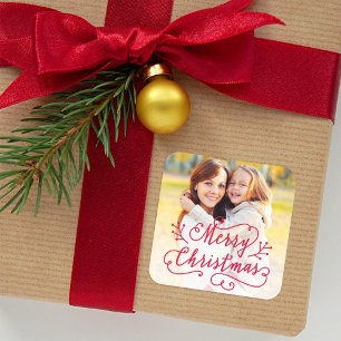 Merry Christmas Red Script Custom Photo Square Sticker