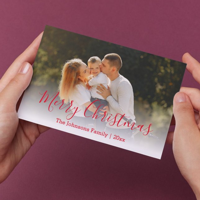 merry christmas red script faded family photo note card (Creator Uploaded)
