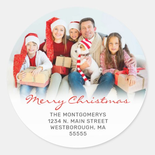 Merry Christmas Red Script Family Photo Address Classic Round Sticker