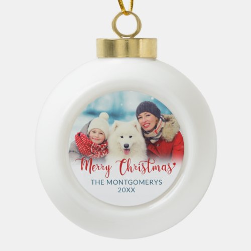 Merry Christmas Red Script Family Photo Dog Ceramic Ball Christmas Ornament