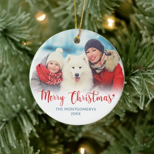 Merry Christmas Red Script Family Photo Dog Ceramic Ornament