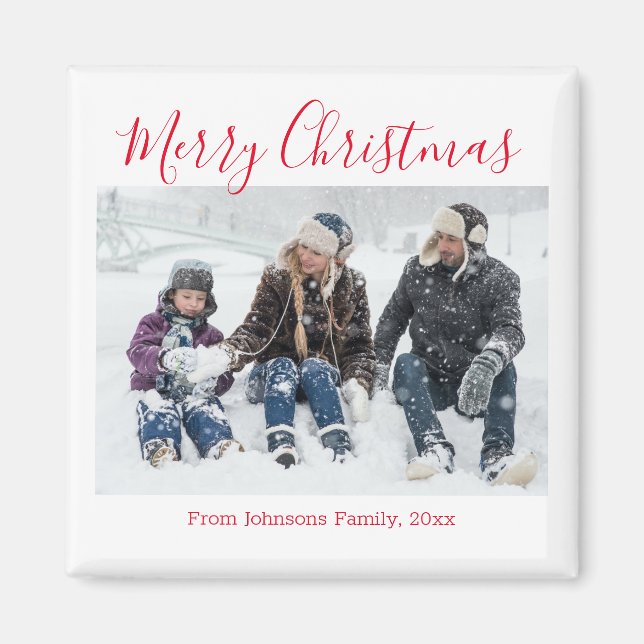 merry christmas red script family photo holiday magnet (Front)
