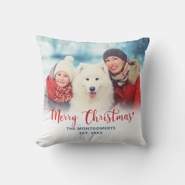 Merry Christmas Red Script Family Photo Monogram Throw Pillow (Front)