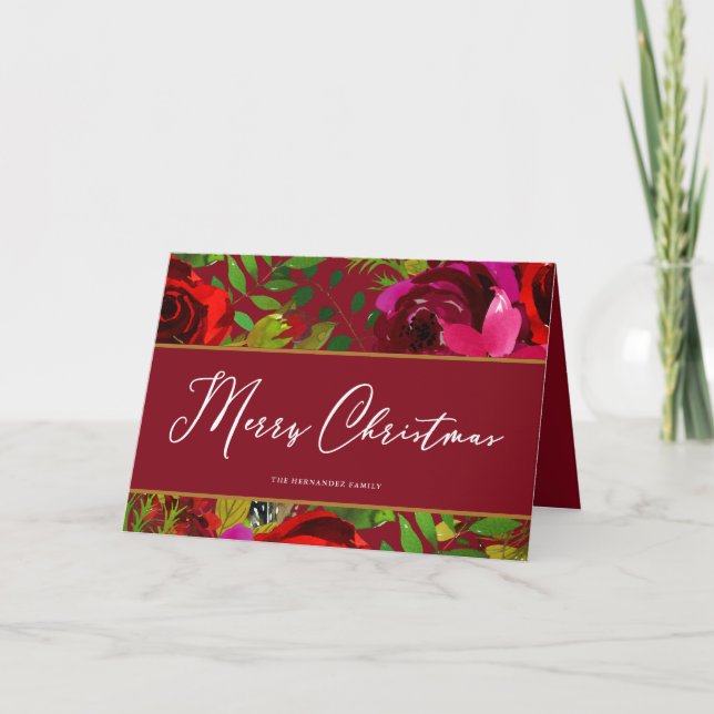 Merry Christmas Red Script Floral Holiday Card (Front)