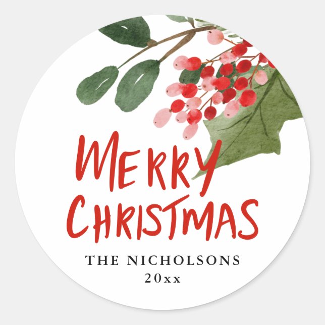 Merry Christmas Red Script Holiday Berry Classic Round Sticker (Front)