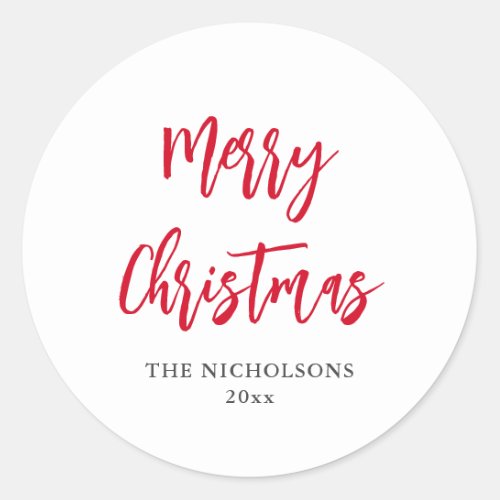 Merry Christmas Red Script Modern Holiday Classic Round Sticker