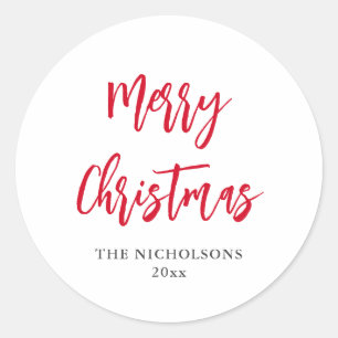 Merry Christmas Red Script Modern Holiday Classic Round Sticker