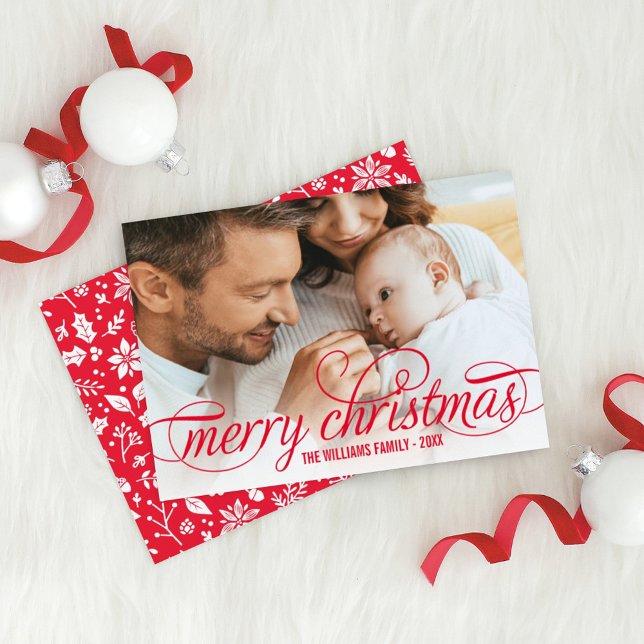 Merry Christmas Red Script Photo Floral Back Holiday Card (Creator Uploaded)