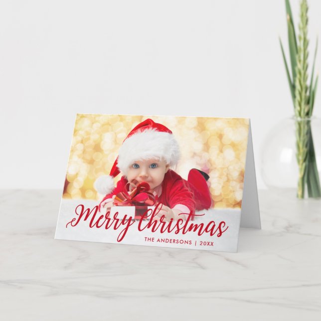 Merry Christmas Red Script Photo Folded Holiday Card (Front)