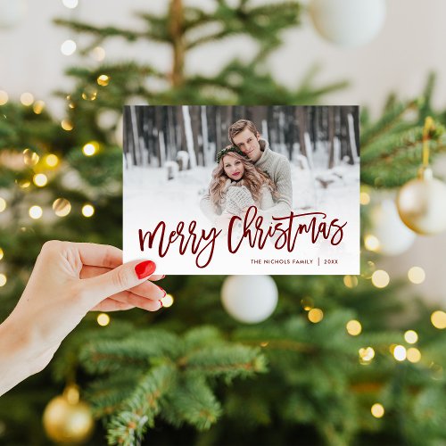 Merry Christmas Red Script Photo Overlay Holiday Card