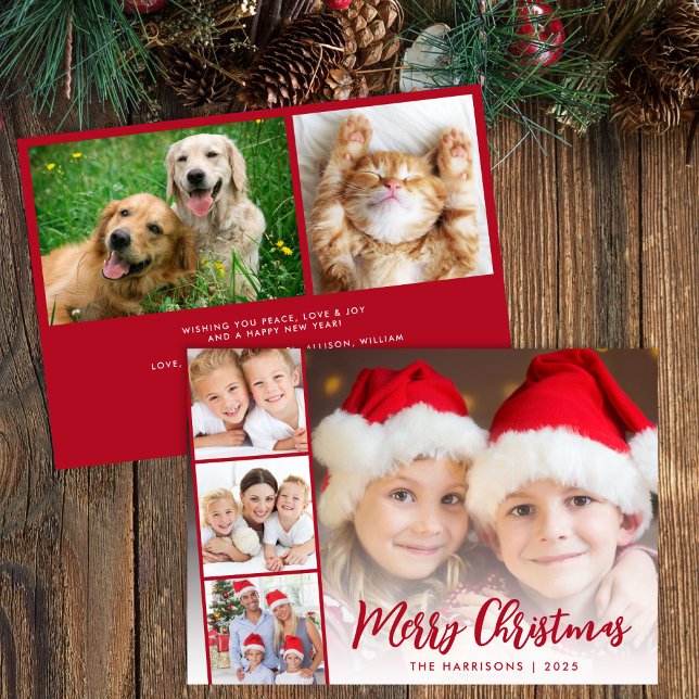 Merry Christmas Red Script Photo Overlay Holiday Card (Share the love and warmth of the season with your personalized photo Christmas card)
