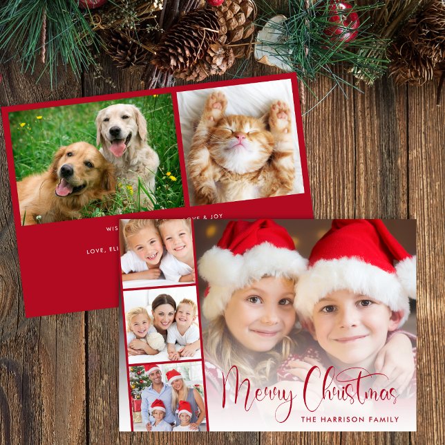 Merry Christmas Red Script Photo Strip Holiday Card (Share the love and warmth of the season with your personalized photo Christmas card)