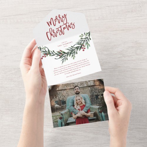 Merry Christmas Red Script Watercolor Holiday All In One Invitation