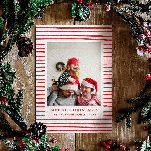 Merry Christmas. Red simple modern stripes photo Holiday Card (Creator Uploaded)