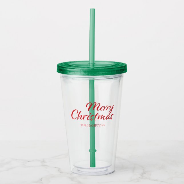 Merry Christmas Red & Snow Custom Name Acrylic Tumbler (Front)