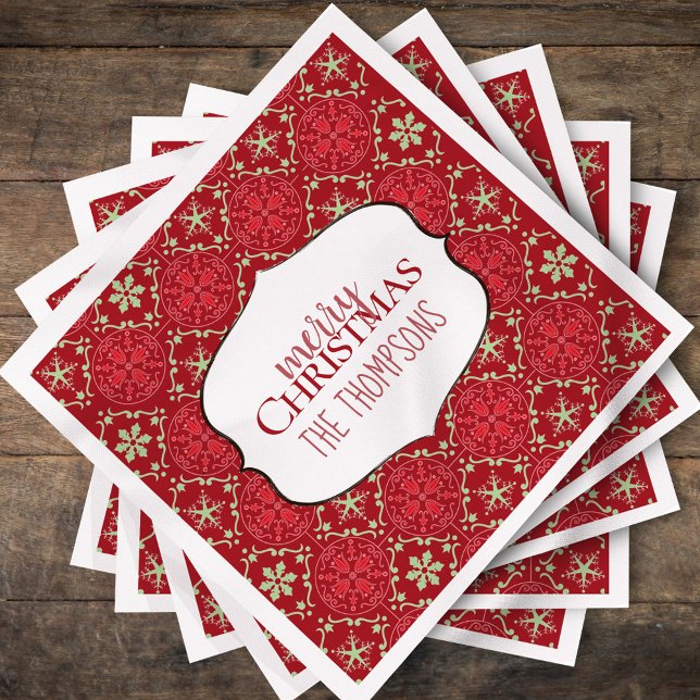 Merry Christmas Red Snowflake Family Party Decor Napkins (Classic red snowflake Merry Christmas holiday party design.)