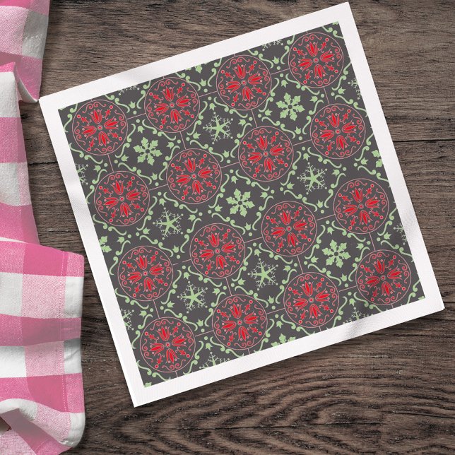Merry Christmas Red Snowflake Family Party Decor Napkins (Charcoal gray Christmas snowflake pattern with red and sage accents.)
