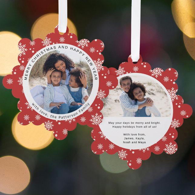 Merry Christmas Red Snowflake Family Photo Ornament Card (Creator Uploaded)