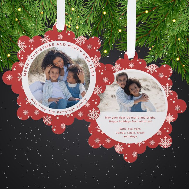 Merry Christmas Red Snowflake Family Photo Ornament Card (Creator Uploaded)