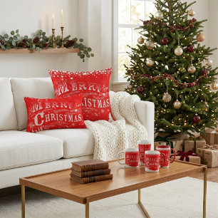 Merry Christmas Red Snowflake Lumbar Accent Pillow