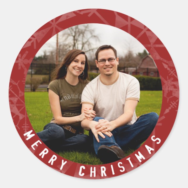 Merry Christmas Red Snowflake Photo Classic Round Sticker (Front)