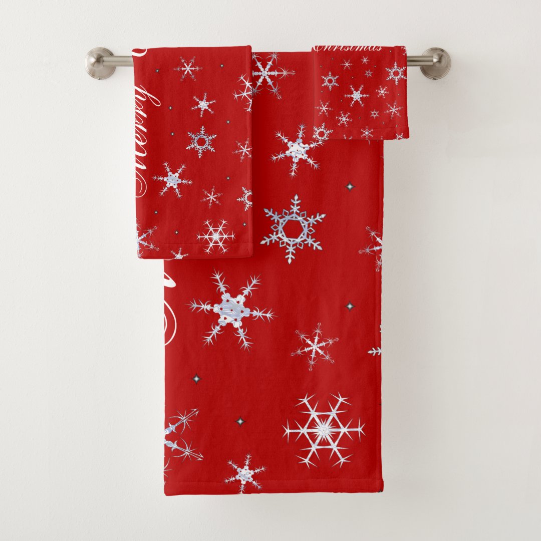 Merry Christmas Red Snowflakes Bath Towel Set | Zazzle