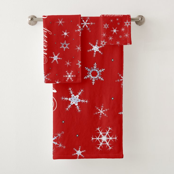 Merry Christmas Red Snowflakes Bath Towel Set | Zazzle
