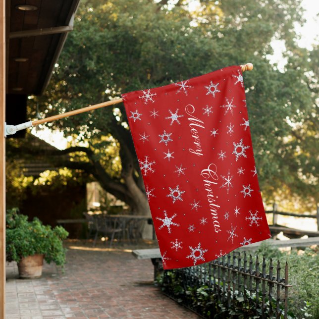 Merry Christmas Red Snowflakes House Flag (In SItu)