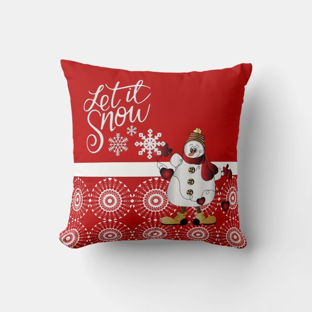 Merry Christmas Red Snowman Throw Pillow (Front)