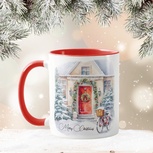Merry Christmas Red Snowy Cottage Coffee Mug (Creator Uploaded)
