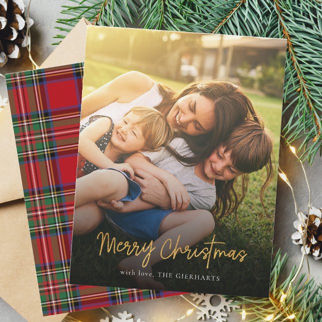 Merry Christmas Red Stewart Tartan Family Photo Note Card (Merry Christmas Family Photo Script Plaid Stewart Tartan Card)