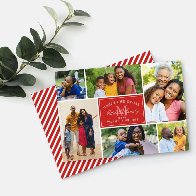 Merry Christmas Red Stripe Photo Collage Holiday Card (Creator Uploaded)