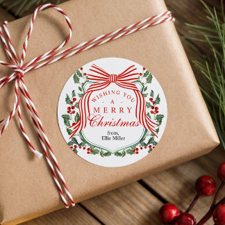Merry Christmas Red Striped Bow Holly Wreath Round Classic Round Sticker
