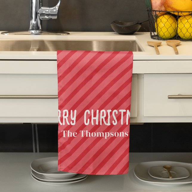 Merry Christmas Red Striped Personalized Kitchen T Towel (Merry Christmas striped whimsical kitchen towel)