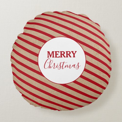 Merry Christmas Red Stripes Kraft Rustic Round Pillow